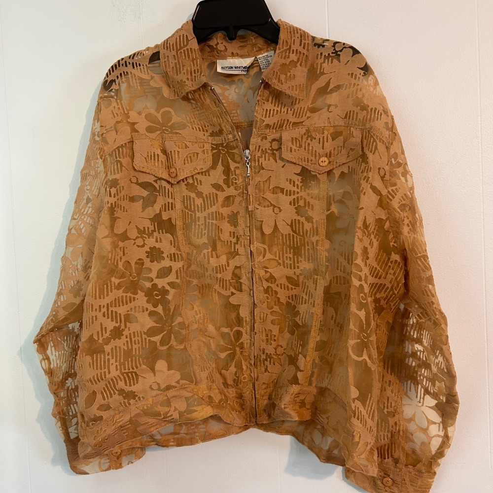 Allyson‎ Whitmore Petite Tan Floral Burnout Sheer Full Zip Jacket Womens PXL